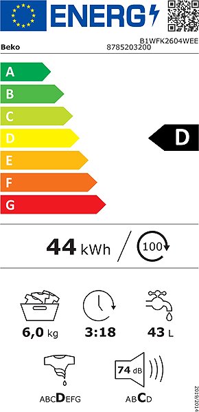 Narrow Washing Machine BEKO B1WFK2604WEE Energy label