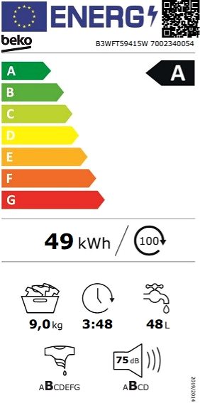 Práčka BEKO Beyond B3WFT59415W Energetický štítok