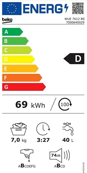 Keskeny gőzmosógép BEKO WUE7612BS Energia címke