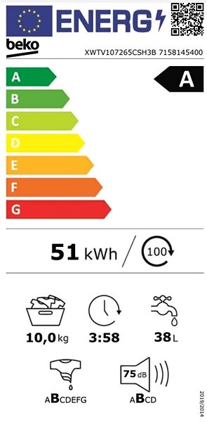 Parná práčka BEKO XWTV107265CSH3B Energetický štítok