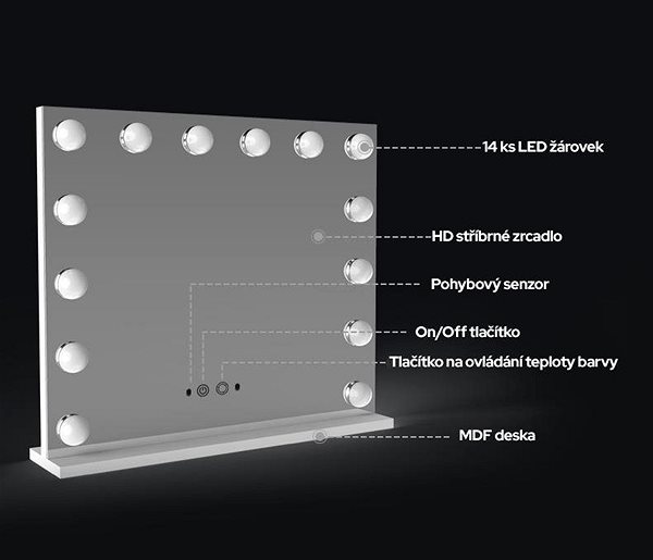 Kozmetické zrkadlo Hollywood zrkadlo s LED žiarovkami a MDF základňou biele Vlastnosti/technológia