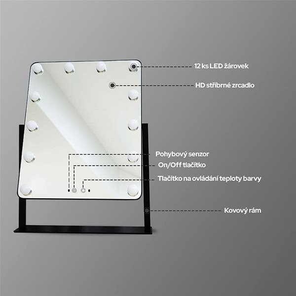 Kozmetické zrkadlo Holywood zrkadlo s LED žiarovkami HZ1 veľké biele Vlastnosti/technológia