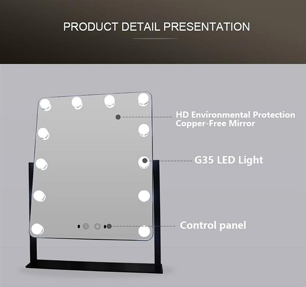 Kozmetické zrkadlo Holywood zrkadlo s LED žiarovkami HZ1 veľké čierne Vlastnosti/technológia