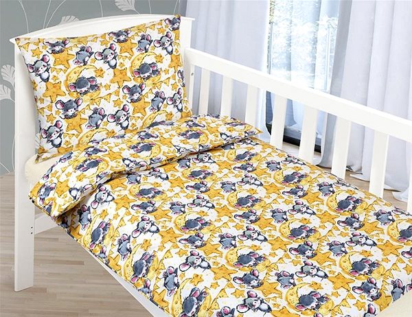 Detská posteľná bielizeň Bellatex Agáta - 90 × 135, 45 × 60 cm - Myšky - žltá, sivá ...