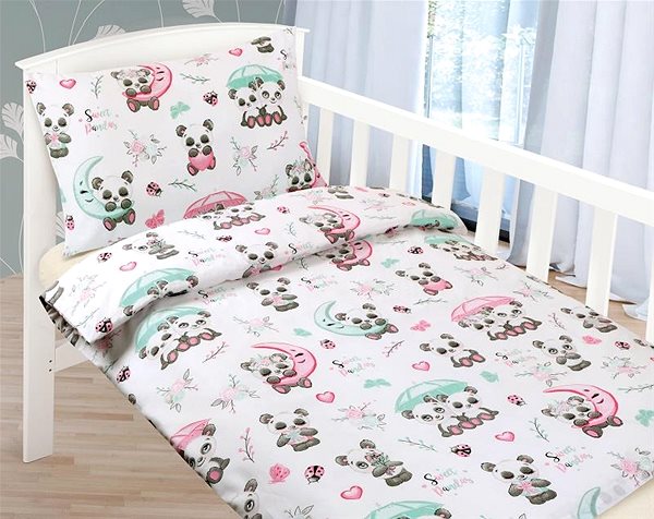 Detská posteľná bielizeň Bellatex Agáta – 90 × 135; 45 × 60 cm – medvedík panda s dáždnikom ...