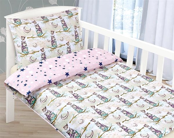 Detská posteľná bielizeň Bellatex Agáta – 90 × 135; 45 × 60 cm –  sovička na vetve/modrá hviezdička ...