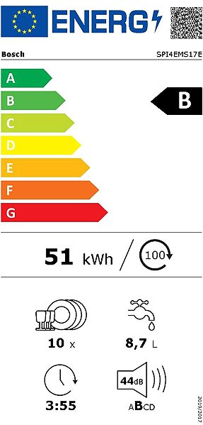 Vstavaná umývačka riadu BOSCH SPI4EMS17E Serie 4 Energetický štítok