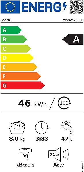 Washing Machine BOSCH WAN24293CS Series 4 Energy label