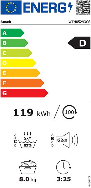 Clothes Dryer BOSCH WTH85293CS Series 4 Energy label