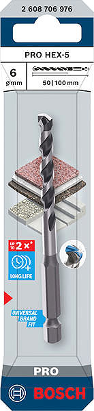 Fúrószár BOSCH PRO HEX-5 fúró, 6 × 50 × 100 mm, 2.608.706.976 ...