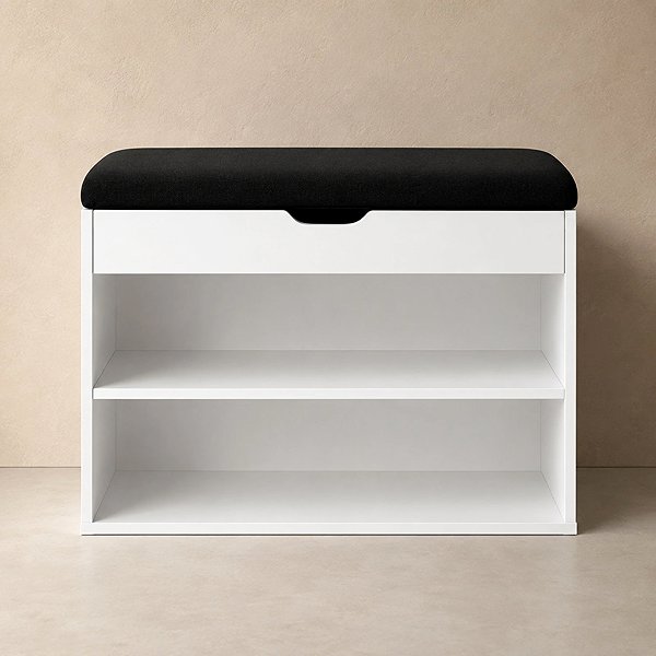 Shoe Rack BOXIMO White shoe rack with seat LEVA, 60 x 30 x 47cm ...