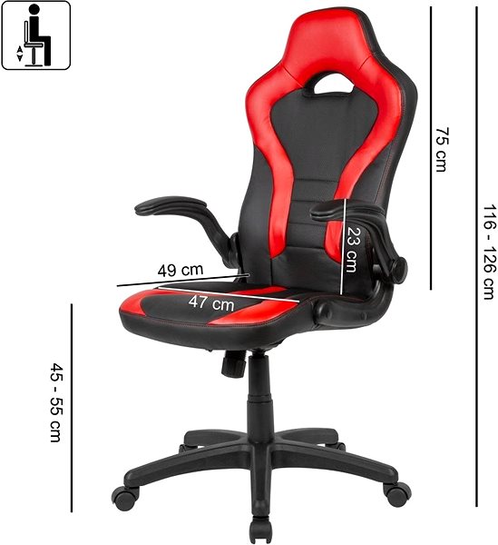 Gamer szék BRÜXXI Gerard, műbőr, fekete/piros Műszaki vázlat