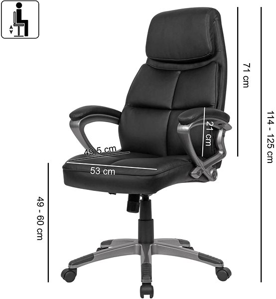 Gamer szék BRÜXXI Lisbon szintetikus bőr, fekete Műszaki vázlat