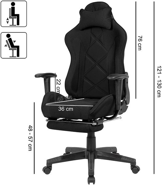 Herní židle BRÜXXI Loren, textilní potahovina, černá Technický nákres