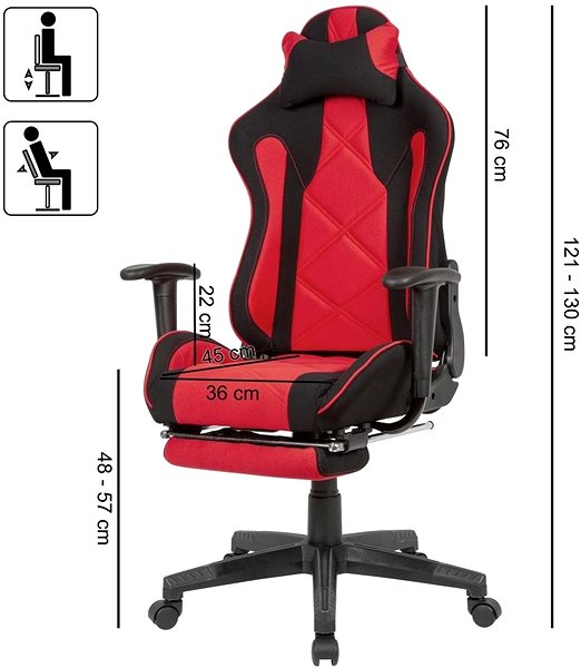 Gamer szék BRÜXXI Loren, textil huzat, fekete/piros Műszaki vázlat