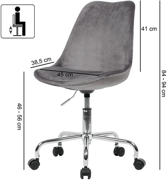 Kancelárska stolička BRÜXXI Leon, samet, sivá Technický nákres