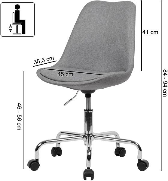 Kancelárska stolička BRÜXXI Leos, textilný poťah, sivá Technický nákres