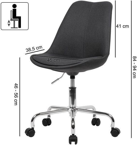 Kancelárska stolička BRÜXXI Leos, textilný poťah, tmavo sivá Technický nákres