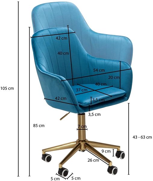 Kancelárska stolička BRÜXXI Silen, zamat, modrá Technický nákres