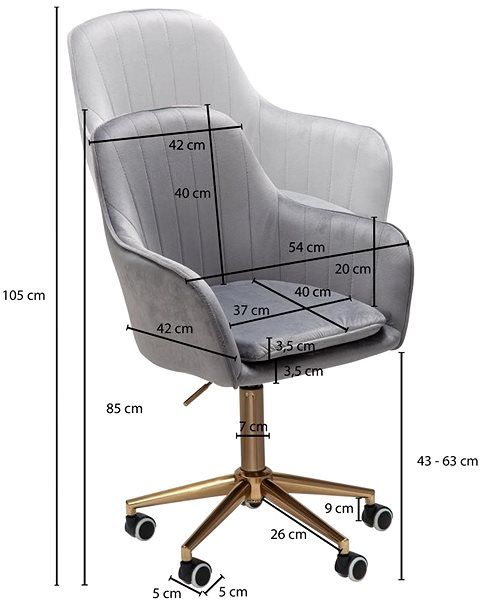 Irodai szék BRÜXXI Silen, bársony, szürke Műszaki vázlat