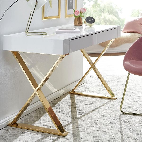 Písací stôl BRÜXXI Famu, 118 cm, biely/zlatý ...