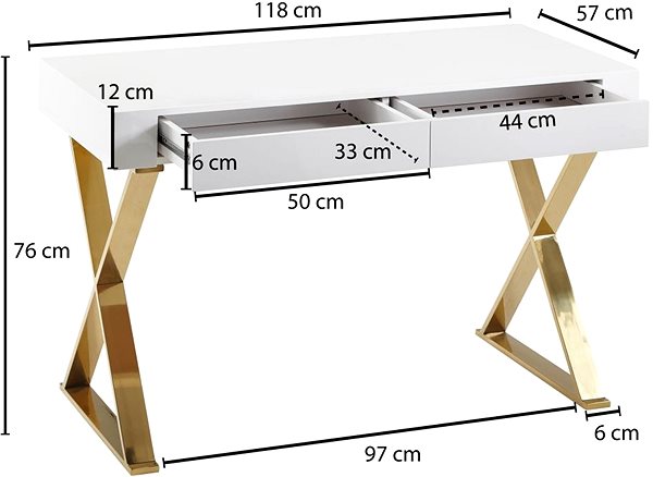 Písací stôl BRÜXXI Famu, 118 cm, biely/zlatý ...