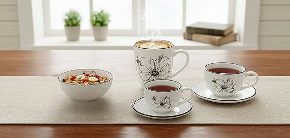 Set of cups by inspire Set 6 pcs - Alba Dash Bloom Mug, 350 ml, black flower .