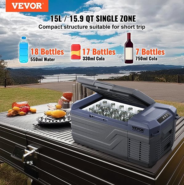 VEVOR Compressor Car Cool Box -20°C, 15L Single Zone Freezer 12/24V DC and 100-240V AC.