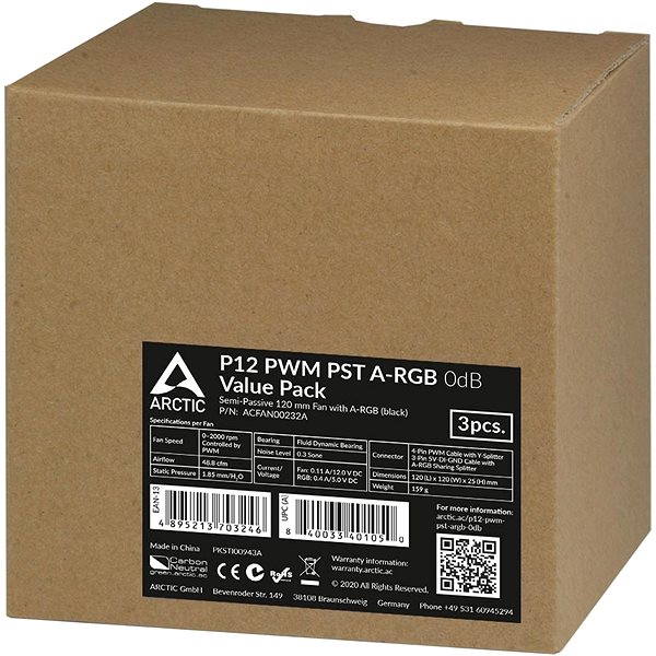 PC Fan ARCTIC P12 PWM PST A-RGB 0dB Value pack (3pcs) Black Packaging/box