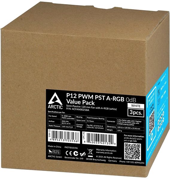 PC Fan ARCTIC P12 PWM PST A-RGB 0dB Value Pack (3 pcs) White Packaging/box