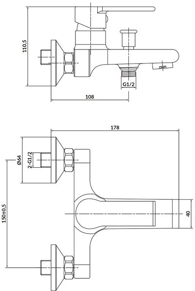 Tap CERSANIT Wall-mounted bath mixer BRASCO, lever, chrome (S951-229) ...