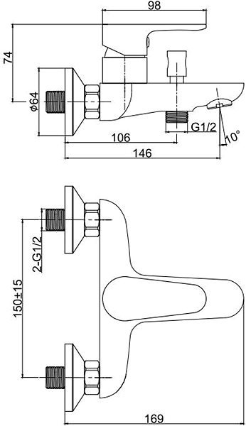 Tap CERSANIT Wall-mounted bath mixer CERSANIA, lever, chrome (S951-235) ...