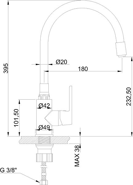 Tap INVENA Sink mixer MAGIC flexible spout, black / rose gold (BZ-08-L14-V) Technical draft