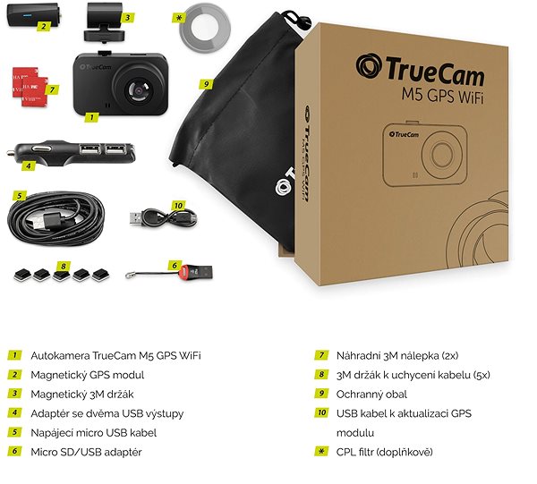 Autós kamera TrueCam M5 GPS WiFi (sebességmérő radar figyelmeztetéssel) Csomag tartalma