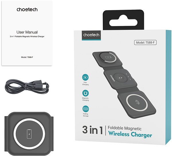 Kabelloses Ladegerät ChoeTech 3 in1 Foldable Magnetic wireless charger station for iPhone 12/13/14 series, AirPods Pro an ...