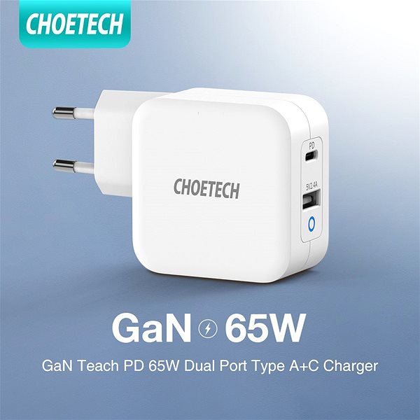 AC Adapter ChoeTech GaN Mini 65W Fast Charger White Features/technology