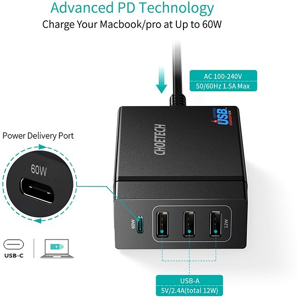 AC Adapter ChoeTech Multi Charge USB-C PD 60W + 3x USB-A Charging Station Features/technology