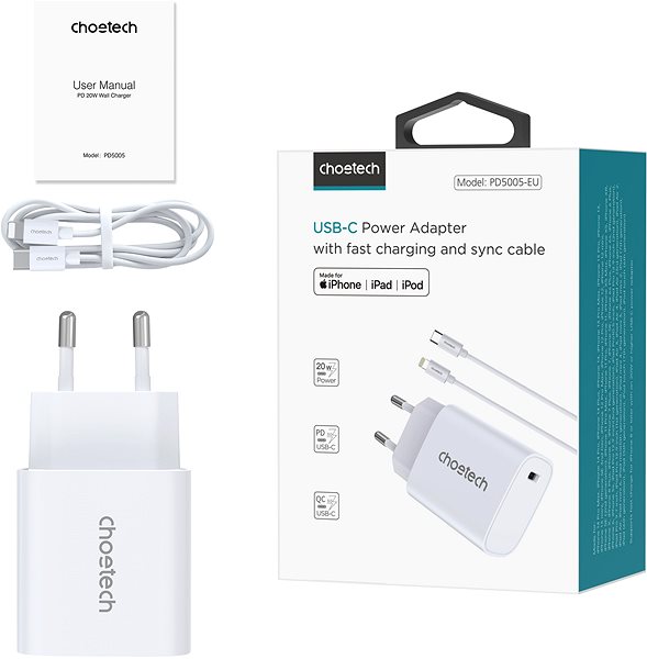 Netzladegerät Choetech PD20W Type-C Wall Charger + MFi USB-C to Lightning Cable ...