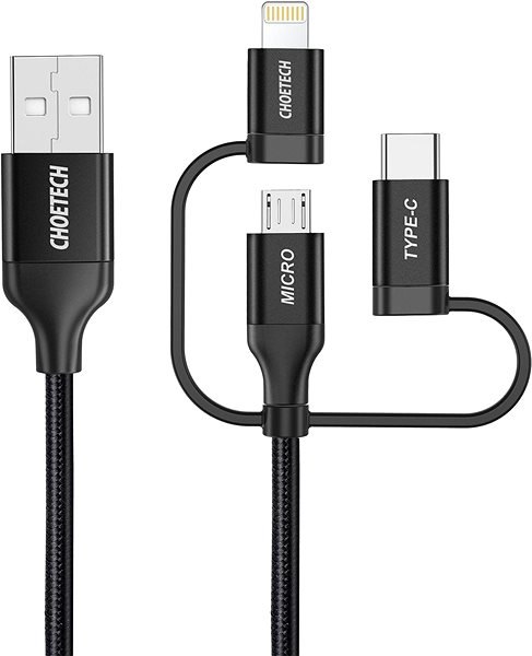 Data Cable Choetech 1.2m MFI 3-in-1 Usb-A to Type-c+Micro+Lightening Nylon Cable Connectivity (ports)