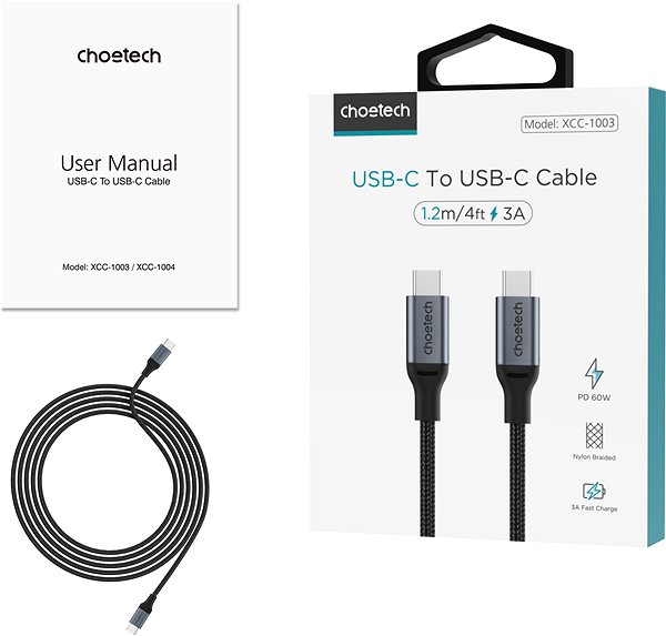 Adatkábel ChoeTech USB-C to USB-C braid Cable - PD, 60W, 1,2m ...