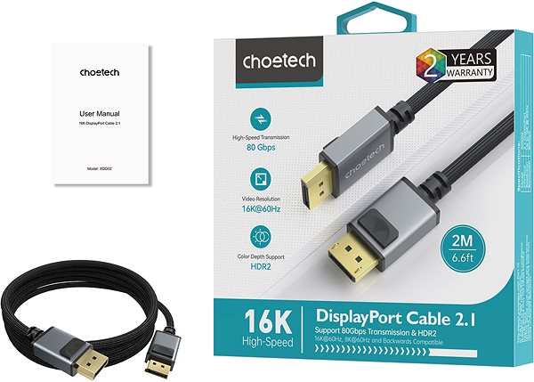 Data Cable ChoeTech 16K DP2.1 To DP2.1 2M cable ...