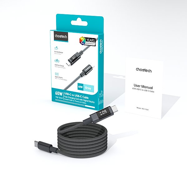 Data Cable ChoeTech PD60W USB-C to USB-C Digital Display 1.2m Nylon Cable Grey ...