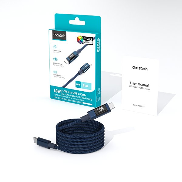 Data Cable ChoeTech PD60W USB-C to USB-C Digital Display 1.2m Nylon Cable Dark blue ...