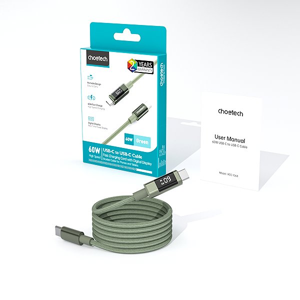 Data Cable ChoeTech PD60W USB-C to USB-C Digital Display 1.2m Nylon Cable Dark green ...
