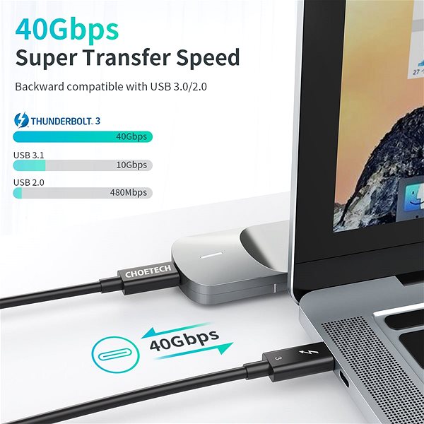 Adatkábel ChoeTech Thunderbolt 3 Passive USB-C Cable 0.7m Black Jellemzők/technológia