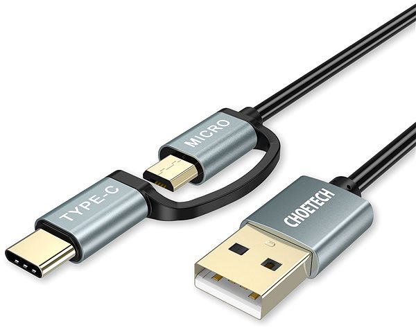 Dátový kábel ChoeTech 2 in 1 USB to Micro USB + Type-C (USB-C) Spring Cable 1,2 m Bočný pohľad
