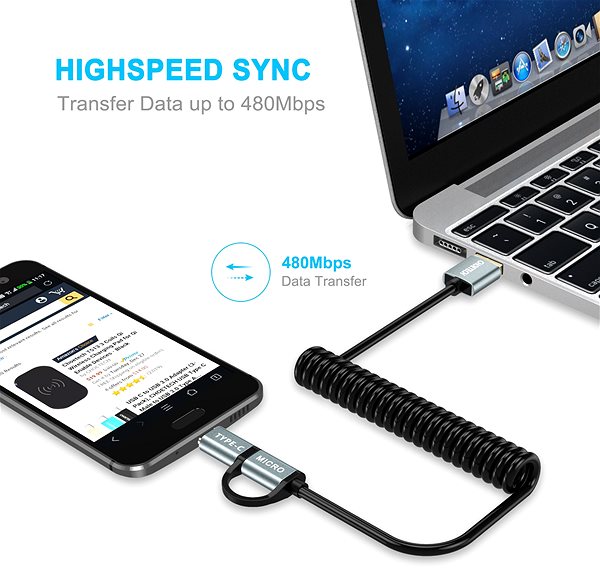 Adatkábel ChoeTech 2 in 1 USB to Micro USB + Type-C (USB-C) Spring Cable 1.2m Csatlakozási lehetőségek (portok)