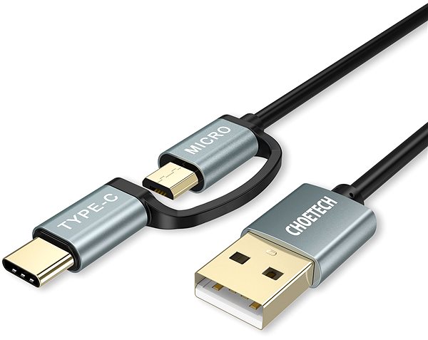 Dátový kábel ChoeTech 2 in 1 USB to Micro USB + Type-C (USB-C) Straight Cable 1,2 m Bočný pohľad