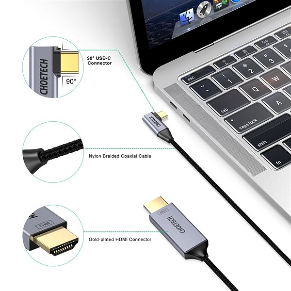 Videokábel ChoeTech USB-C to HDMI 90° Thunderbolt 3 Compatible 4K@60Hz Cable, 1.8m Csatlakozási lehetőségek (portok)