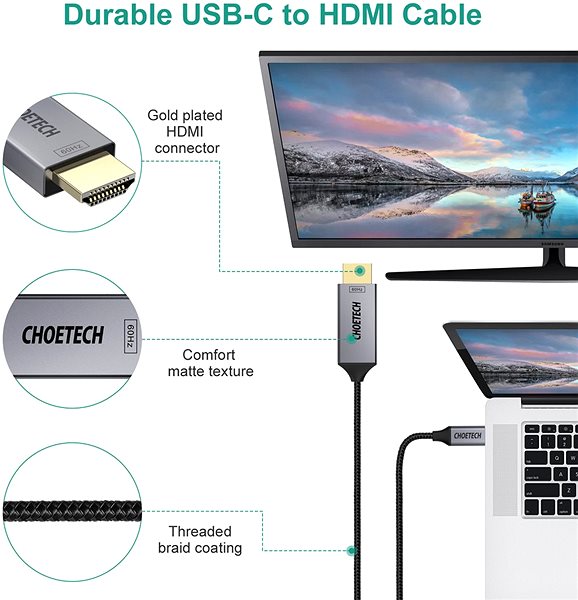 Video kábel ChoeTech USB-C to HDMI Thunderbolt 3 Compatible 4K@60Hz Cable 1.8m Vlastnosti/technológia